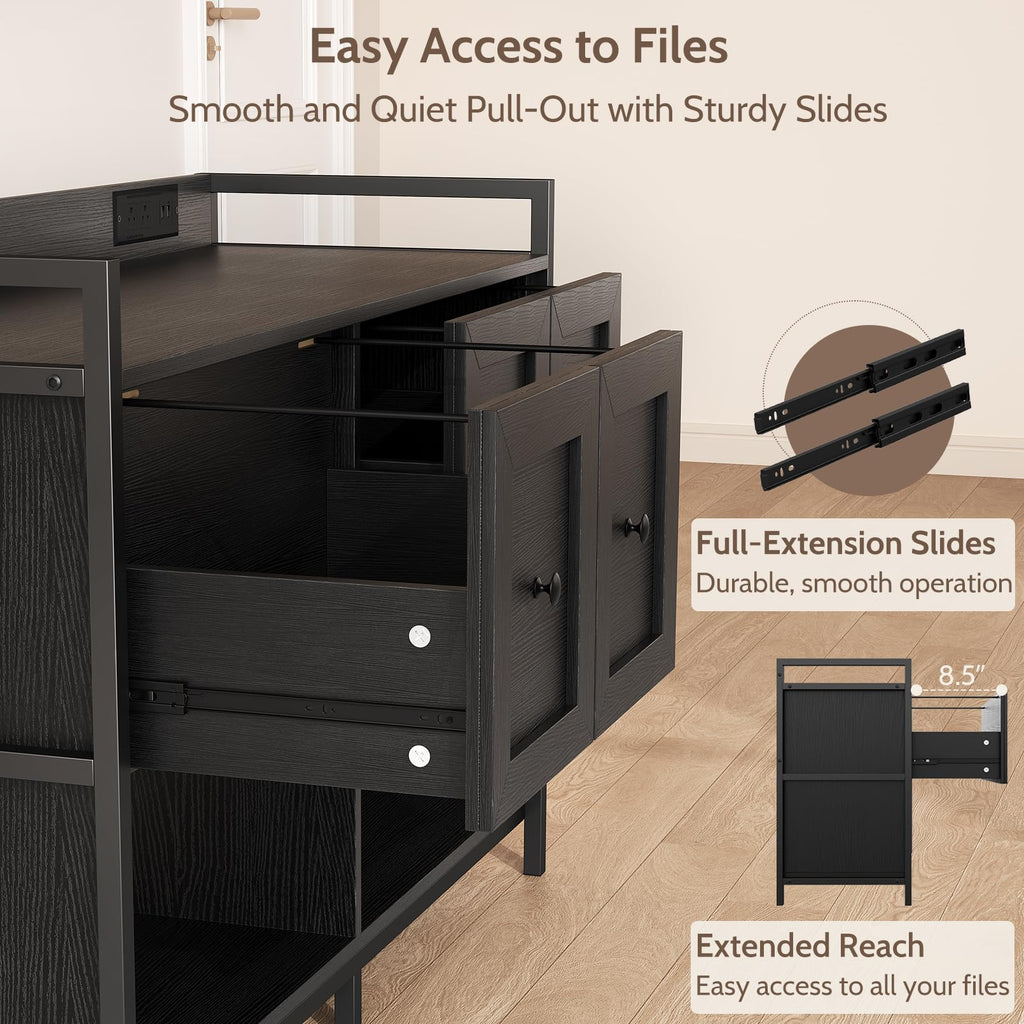 Black 2 Drawer Wood File Cabinet with Power Outlet E5662