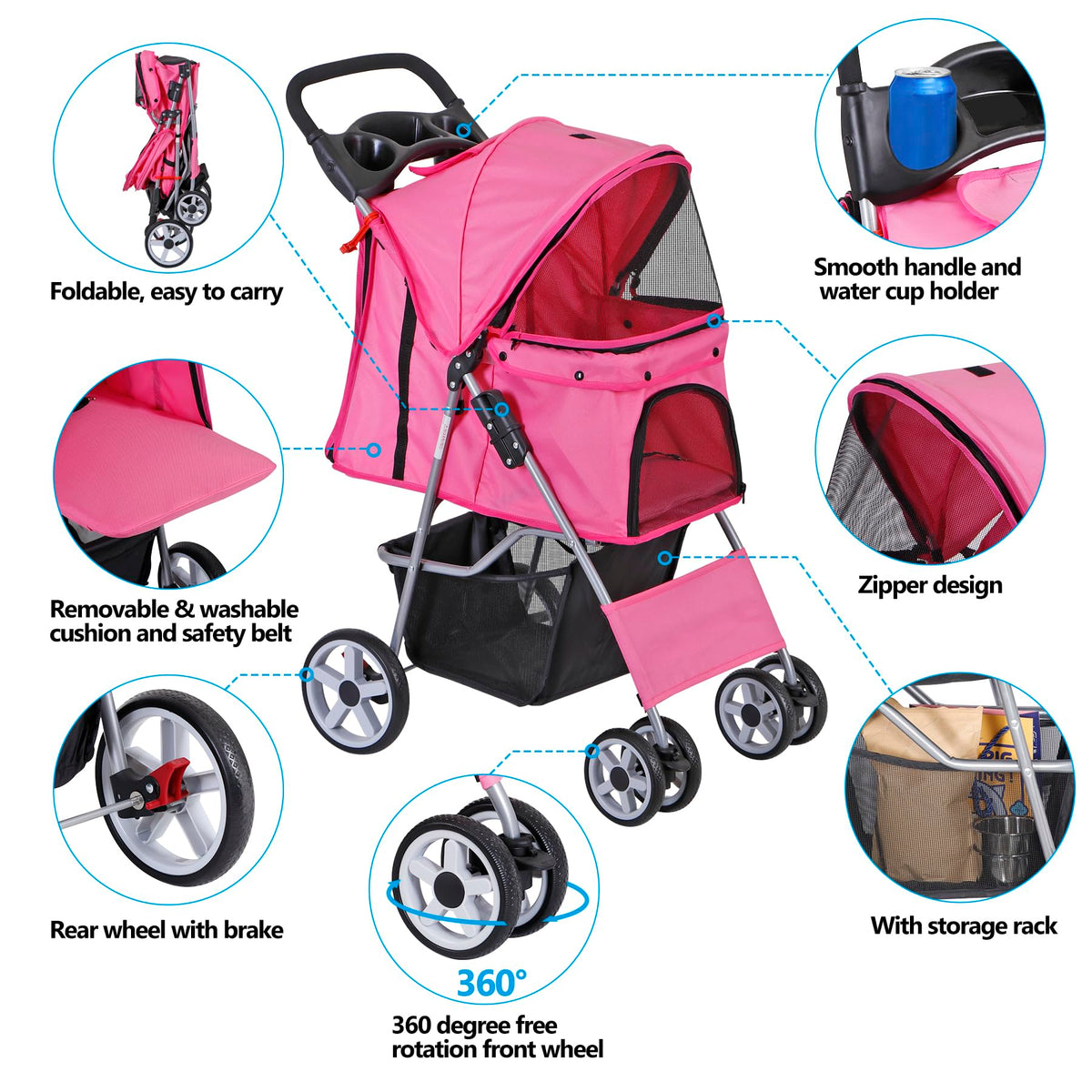 4 Wheels Folding Dog Stroller with Storage Basket, Pink L64406