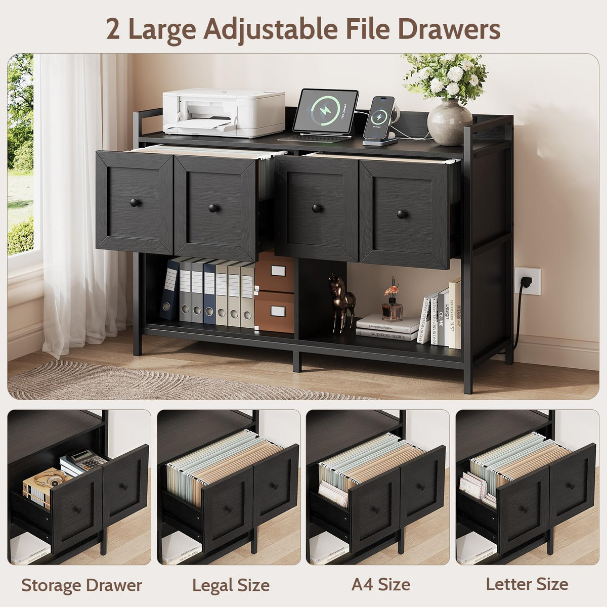 Black 2 Drawer Wood File Cabinet with Power Outlet E5662