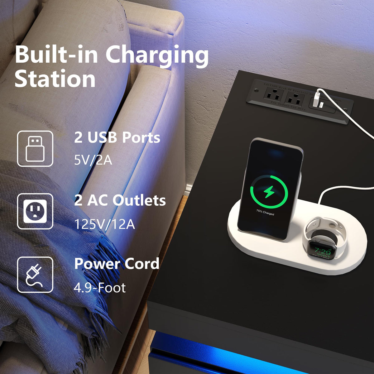 Nightstand with Charging Station, LED Lights, 3 Storage Drawers Z392