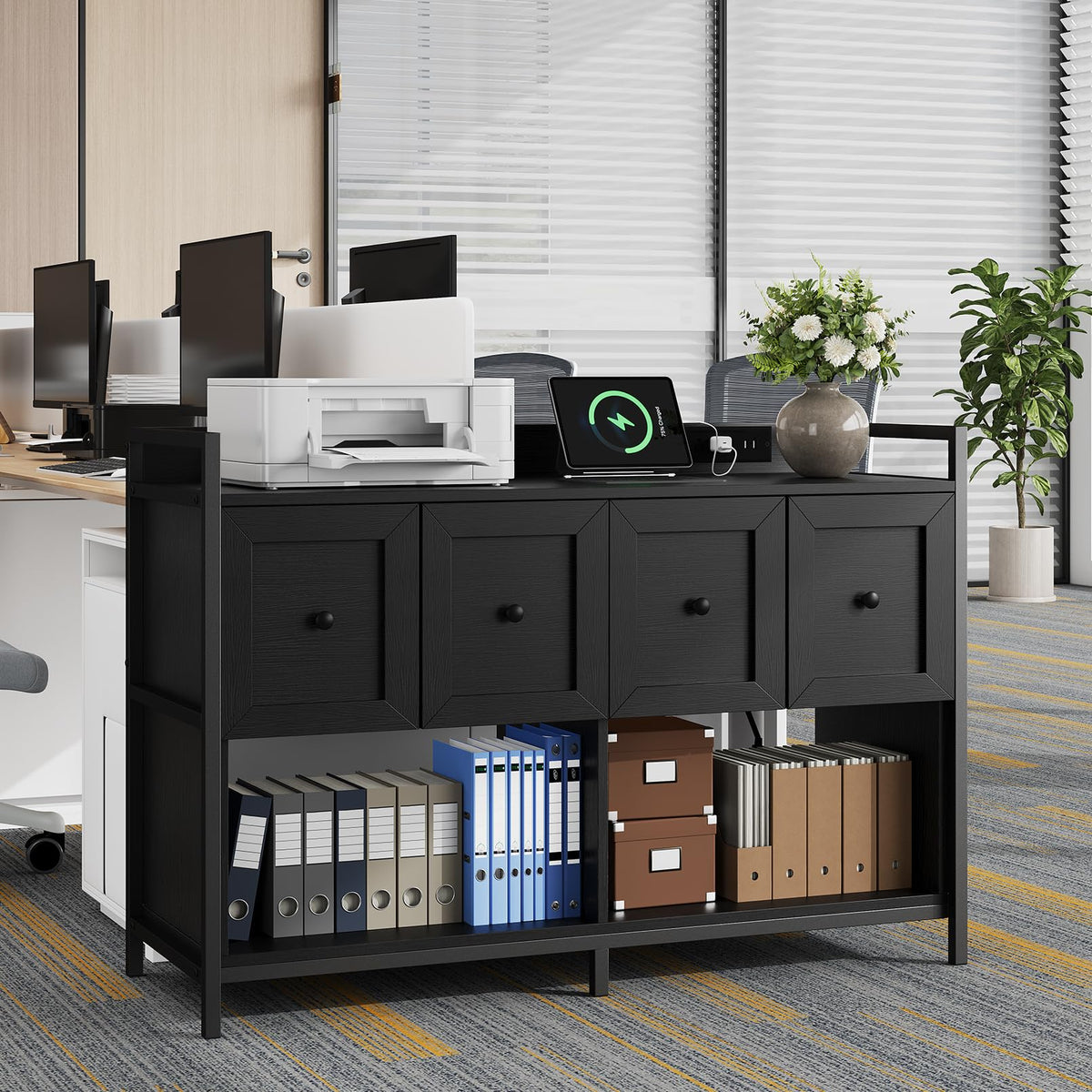 Black 2 Drawer Wood File Cabinet with Power Outlet E5662