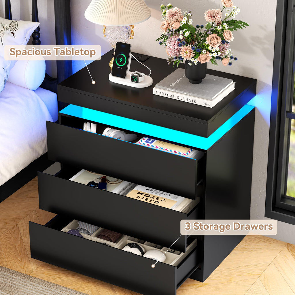 Nightstand with Charging Station, LED Lights, 3 Storage Drawers Z392