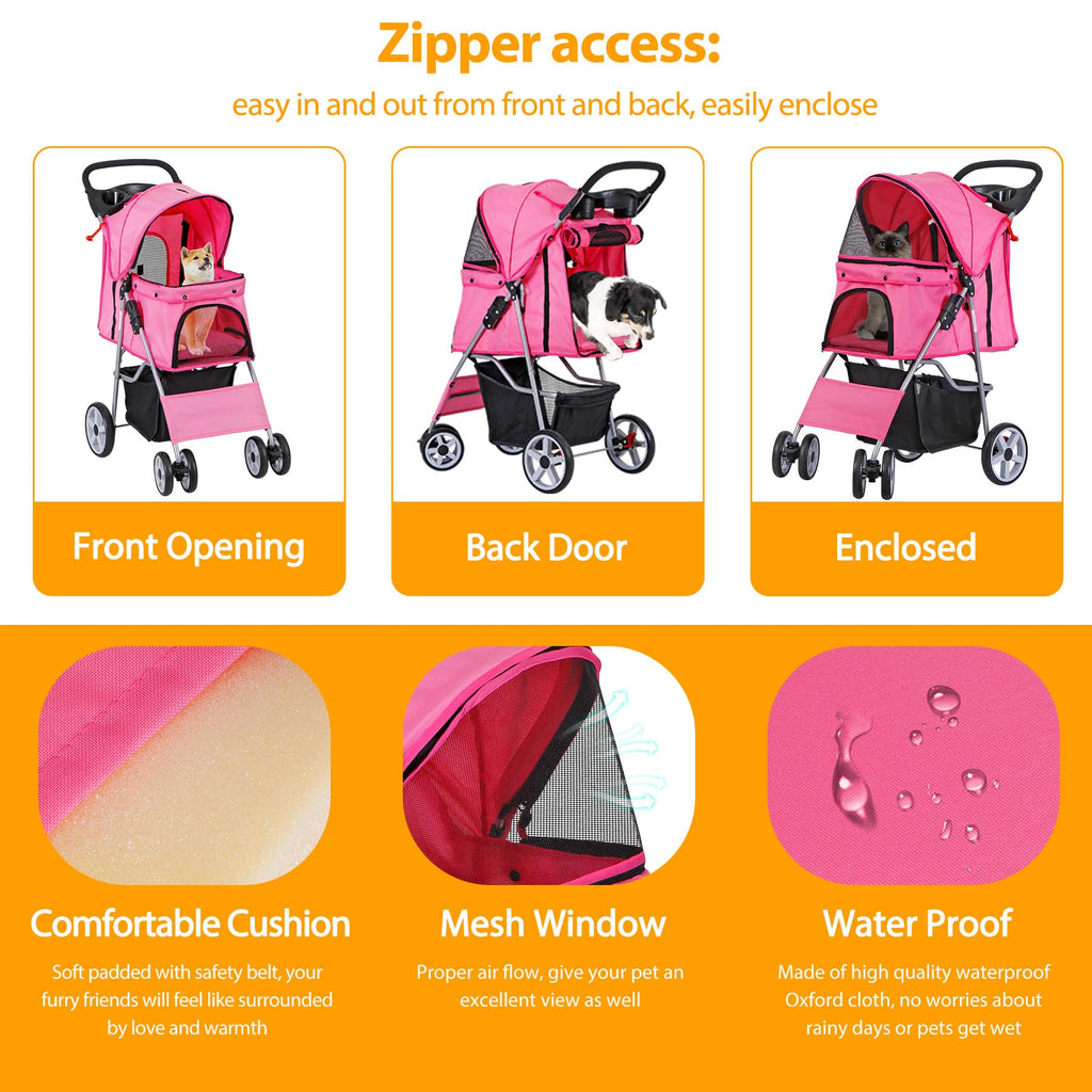 4 Wheels Folding Dog Stroller with Storage Basket, Pink L64406