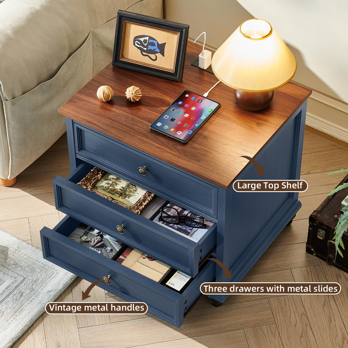 Blue Wood Nightstand Set of 2 with Charging Station N28143