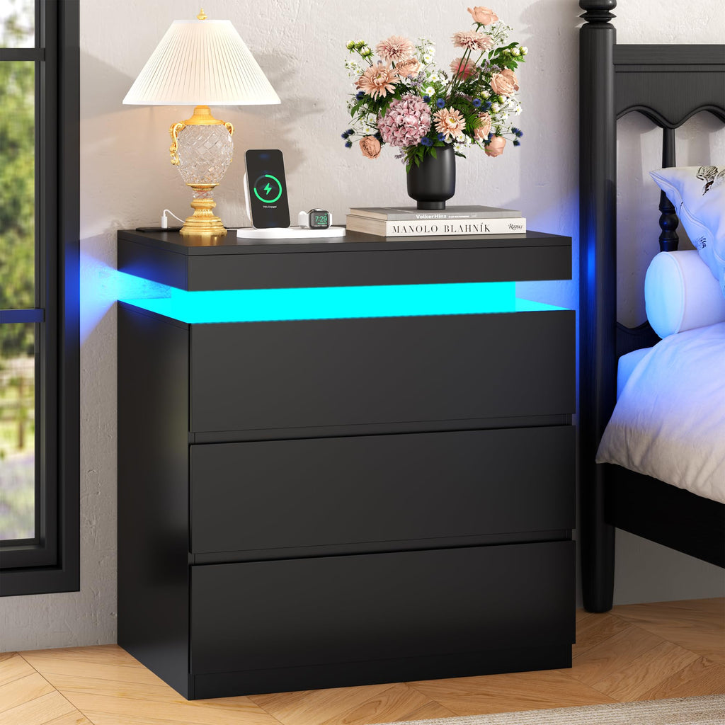 Nightstand with Charging Station, LED Lights, 3 Storage Drawers Z392