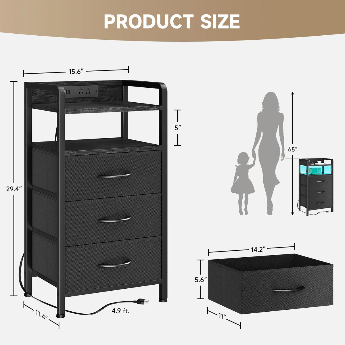 Black 3 Drawer Nightstand with Charging Station R45177