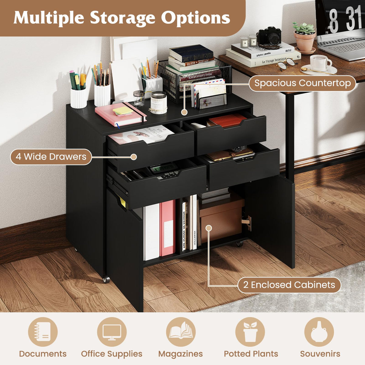 Black 4-Drawer Rolling File Cabinet X7064