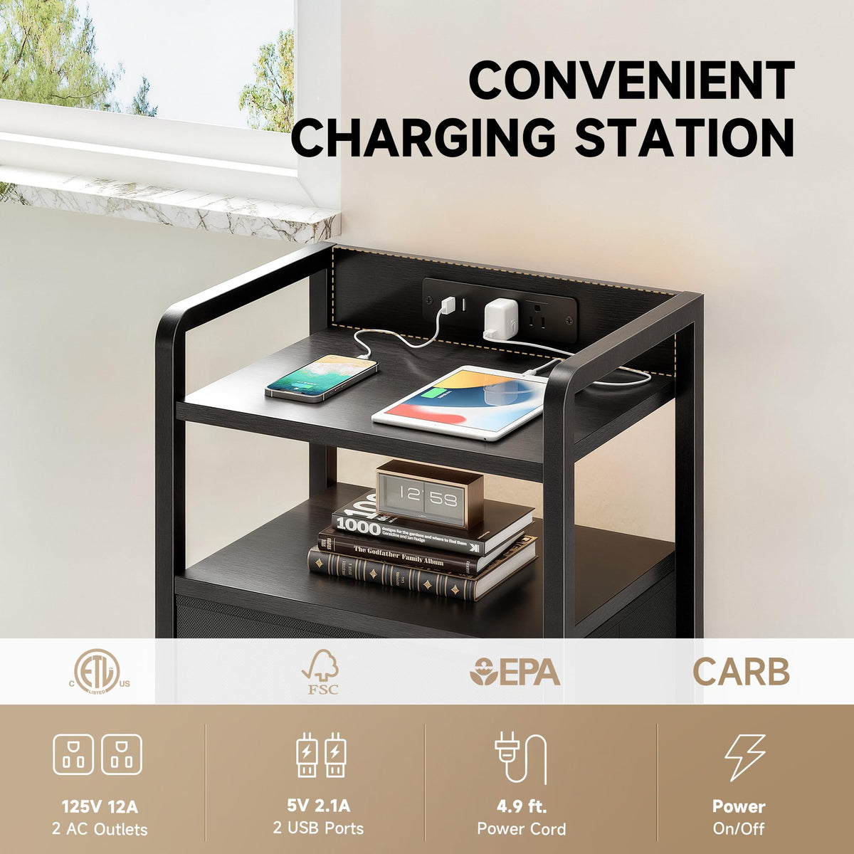 Black 3 Drawer Nightstand with Charging Station R45177