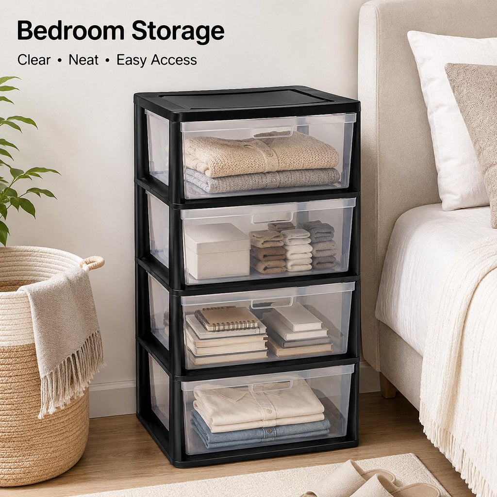 Black 4 Drawer Storage Organizer Tower with Clear Removable Bins H4569
