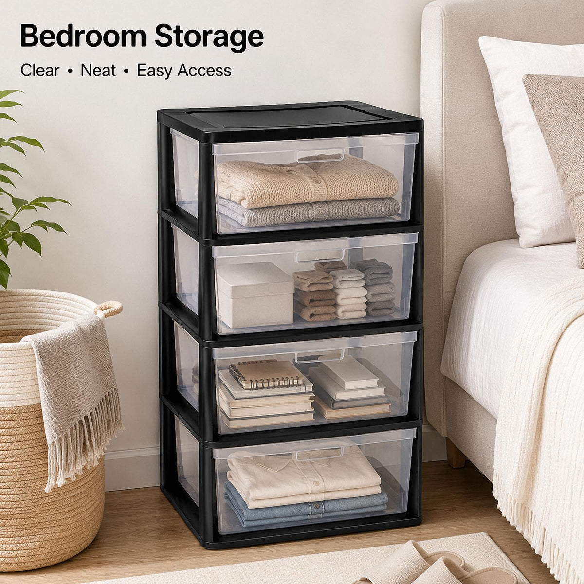 Black 4 Drawer Storage Organizer Tower with Clear Removable Bins H4569