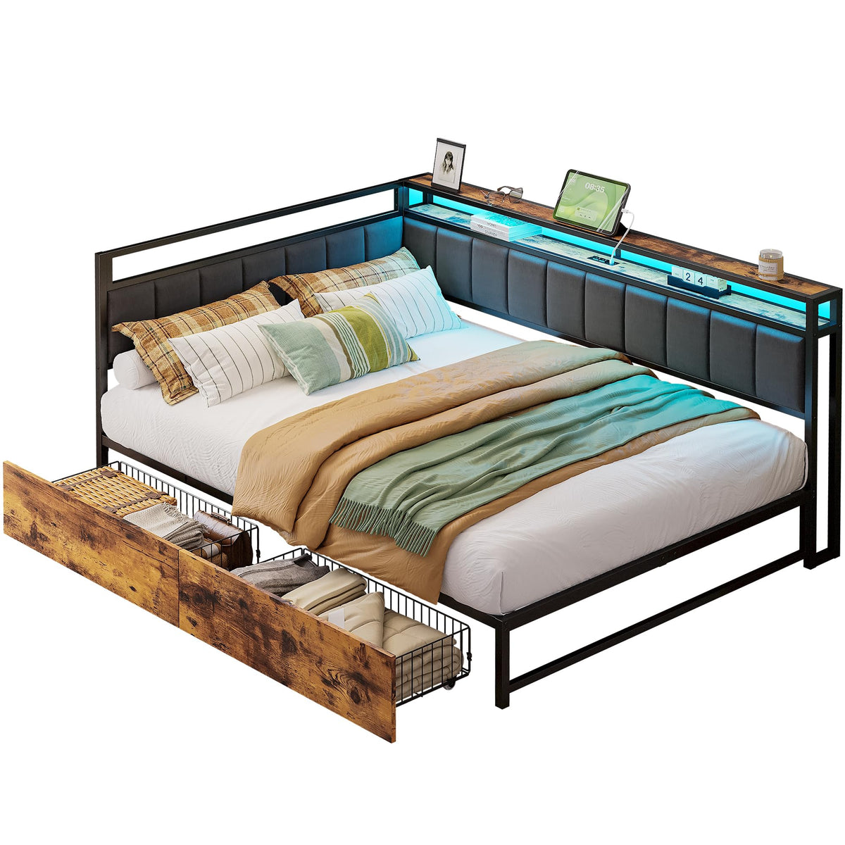 Full Corner Bed Frame with Storage Drawers, LED, Charging, Black T763