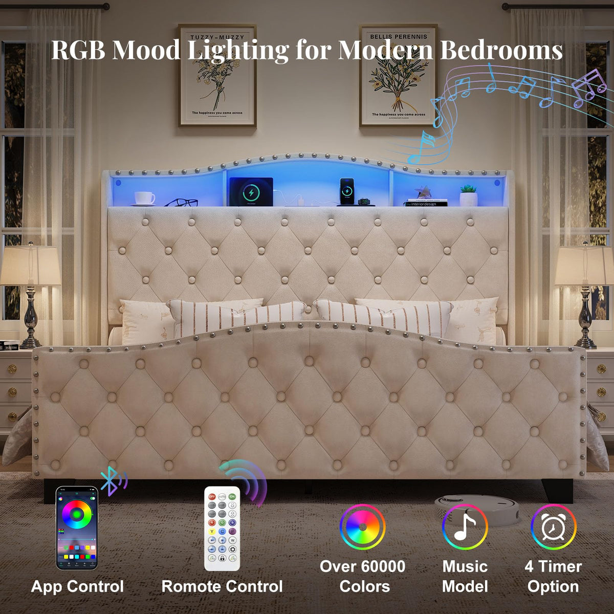 Queen Beige Platform Bed Frame with LED Headboard M9278