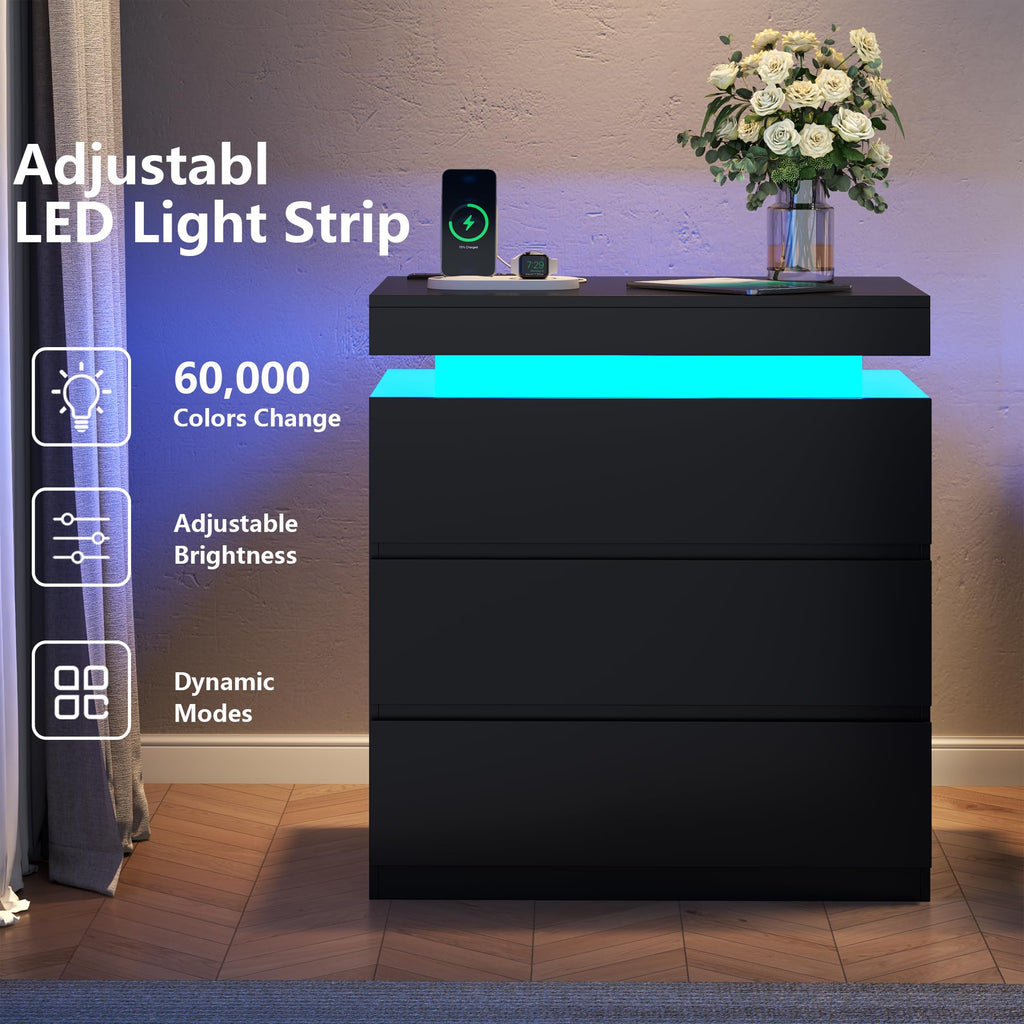 Nightstand with Charging Station, LED Lights, 3 Storage Drawers Z392