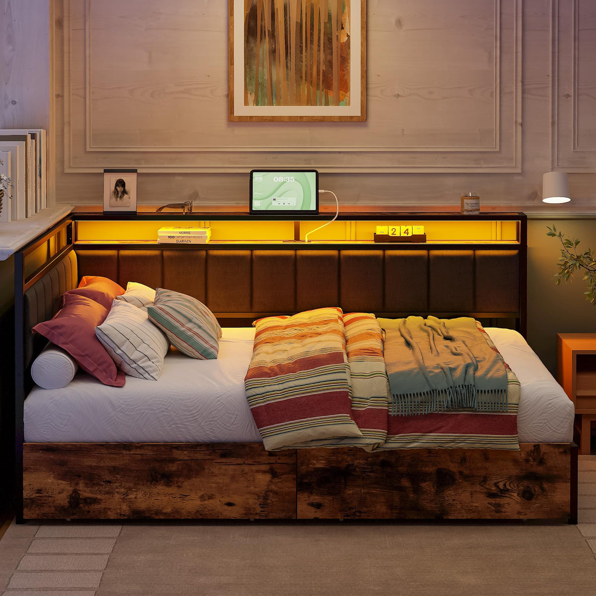 Full Corner Bed Frame with Storage Drawers, LED, Charging, Black T763