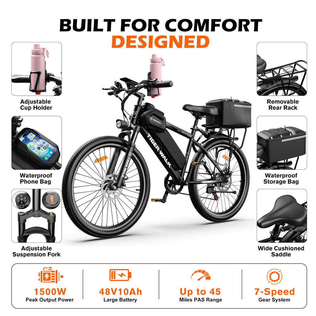 26" Electric Mountain Bike 48V 10Ah 7-Speed T4129