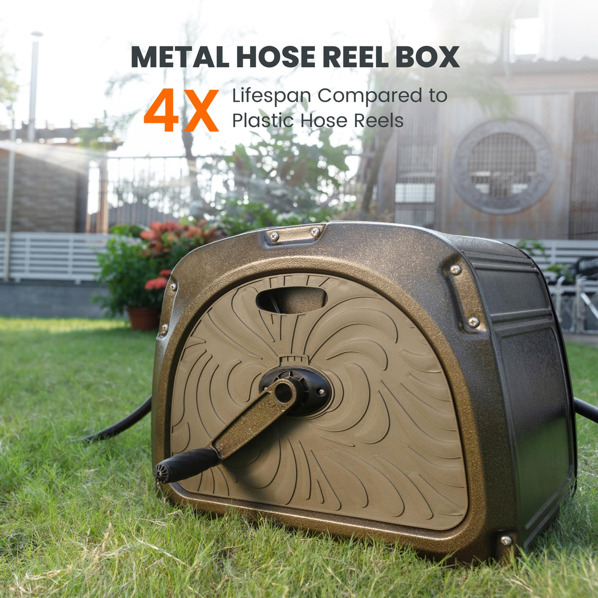 Metal Hose Reel Box, Heavy Duty Garden Hose Storage Reel, 150ft 5/8" Hose Capacity, Green M7741