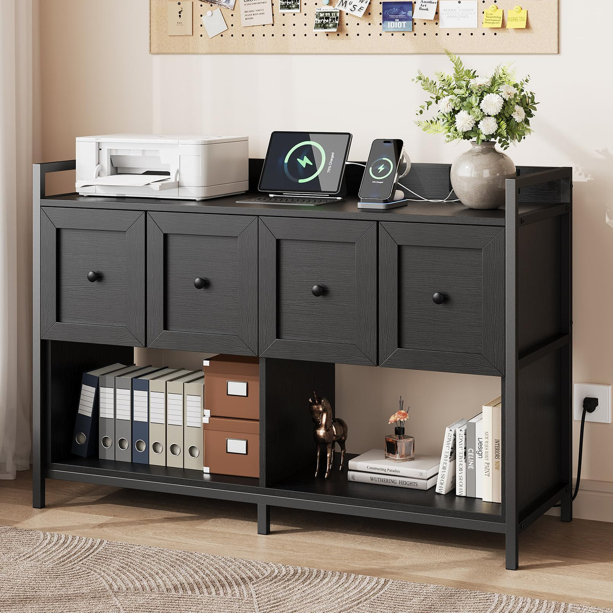Black 2 Drawer Wood File Cabinet with Power Outlet E5662