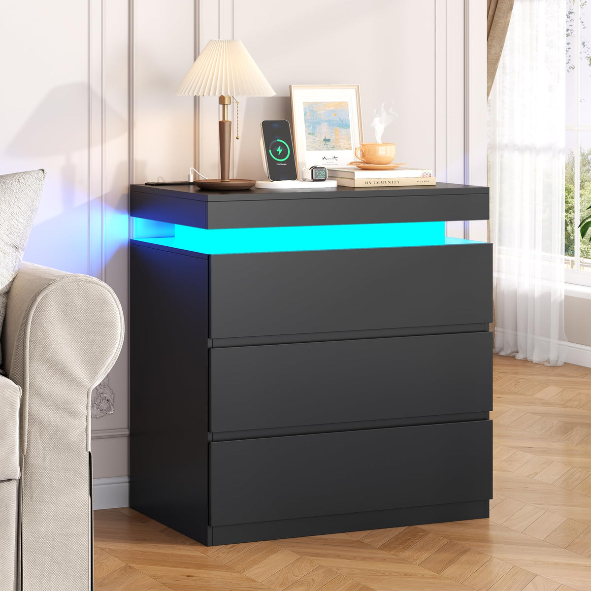 Nightstand with Charging Station, LED Lights, 3 Storage Drawers Z392
