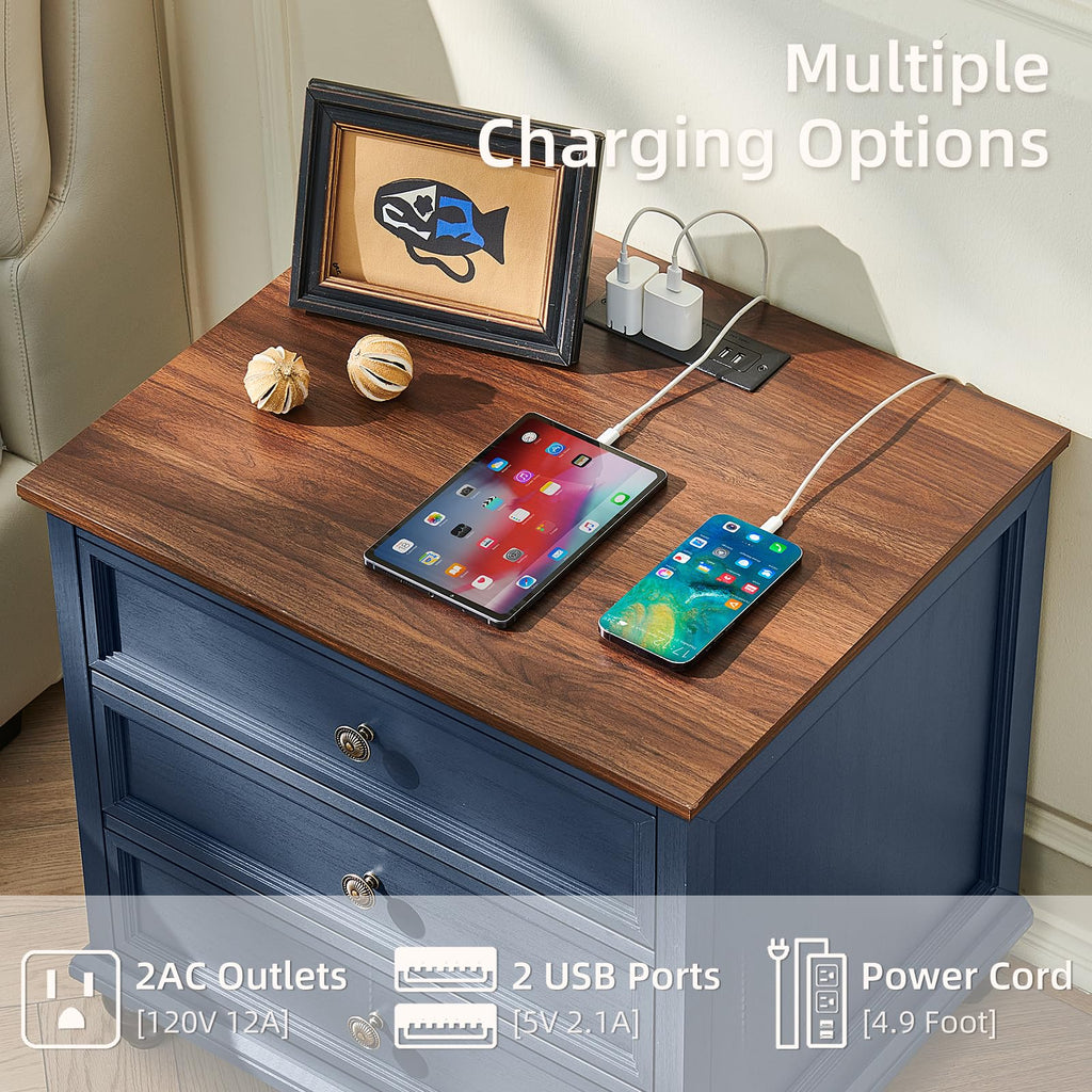 Blue Wood Nightstand Set of 2 with Charging Station N28143