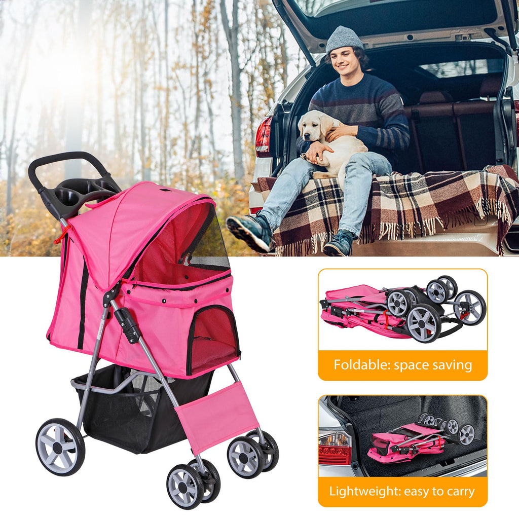 4 Wheels Folding Dog Stroller with Storage Basket, Pink L64406