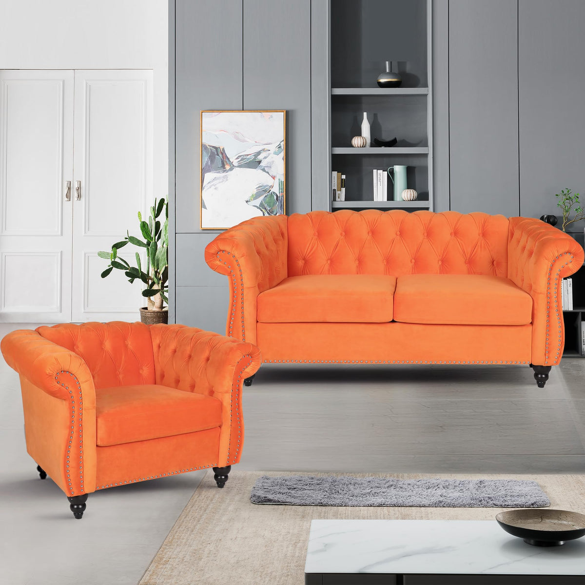 Orange Velvet Upholstered Accent Sofa Chair L57524