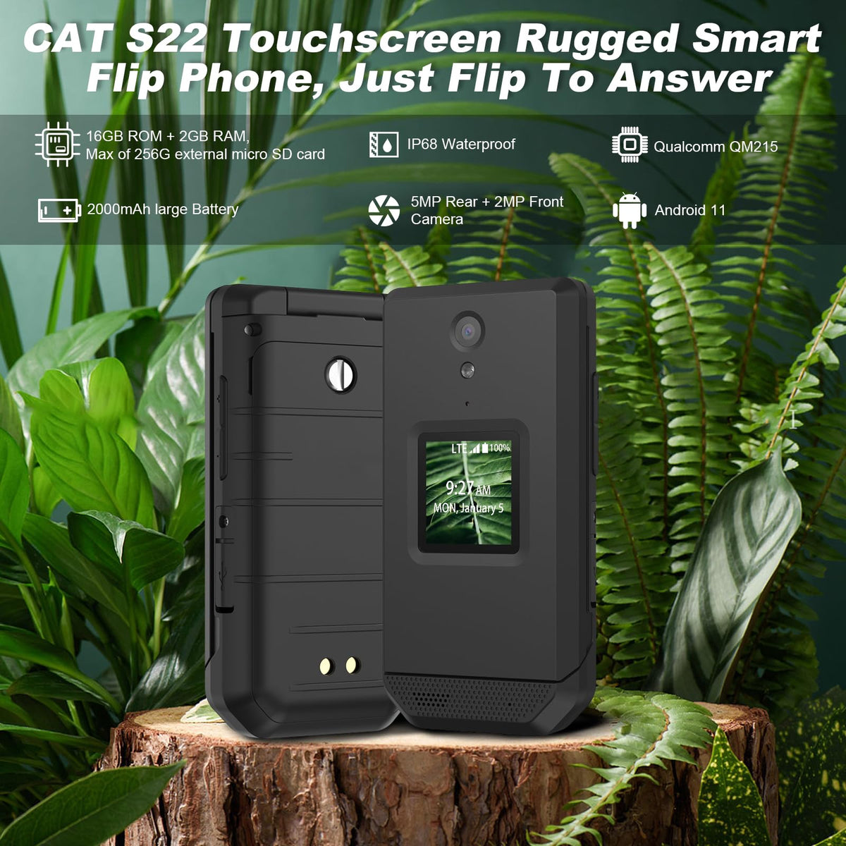Unlocked Rugged Flip Phone 16GB 2.8'' Touchscreen Android 11 IP68 Water Resistant 4G LTE GSM Single Sim Black N909853