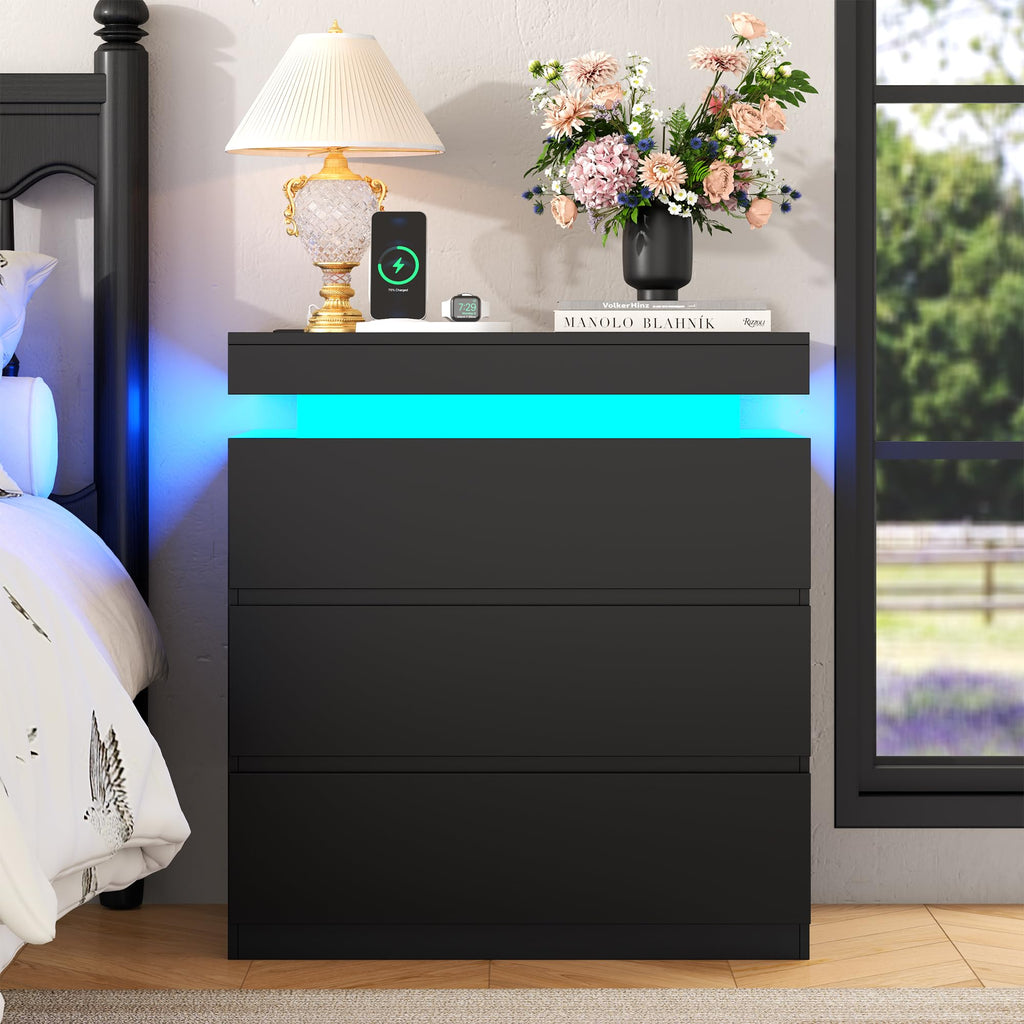 Nightstand with Charging Station, LED Lights, 3 Storage Drawers Z392