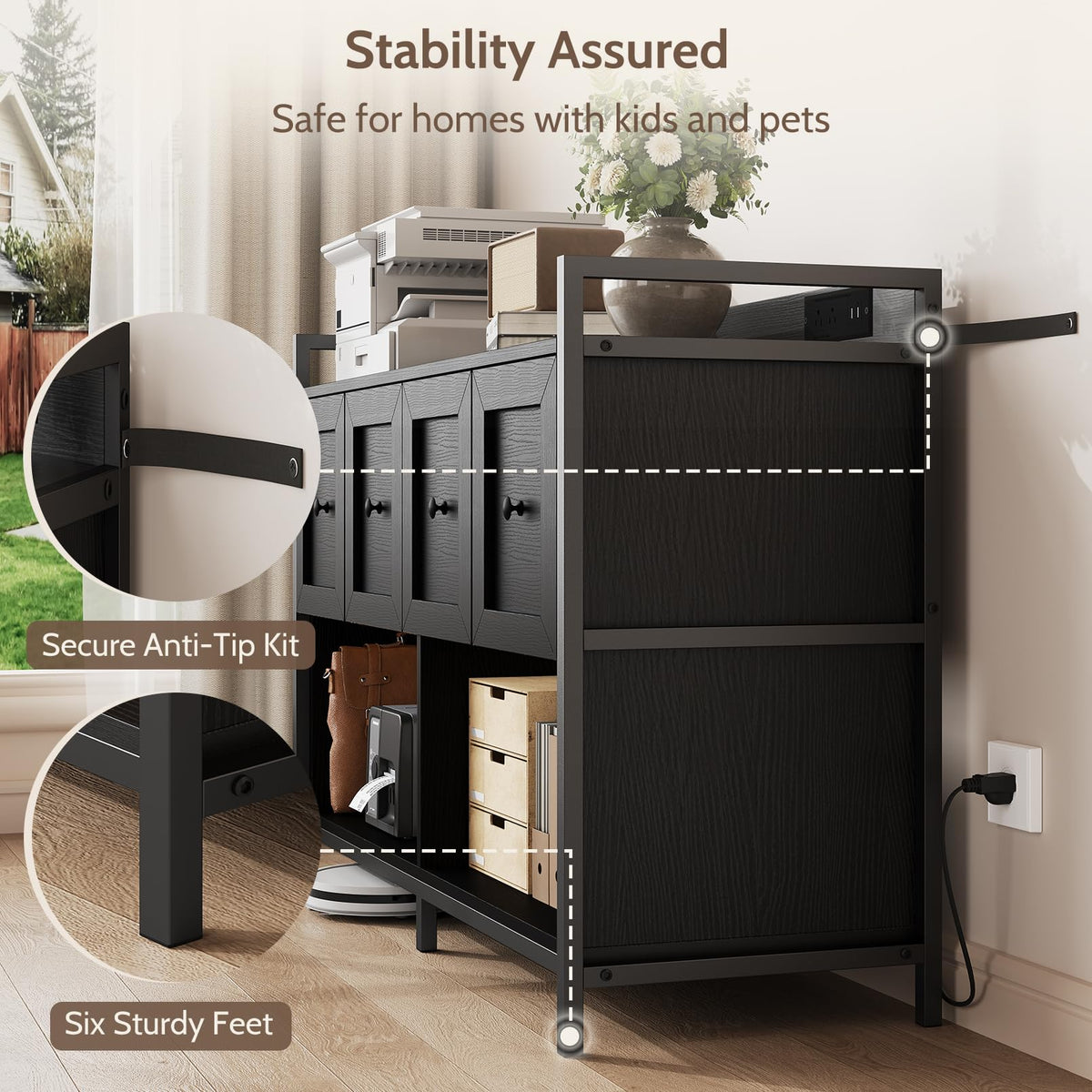 Black 2 Drawer Wood File Cabinet with Power Outlet E5662