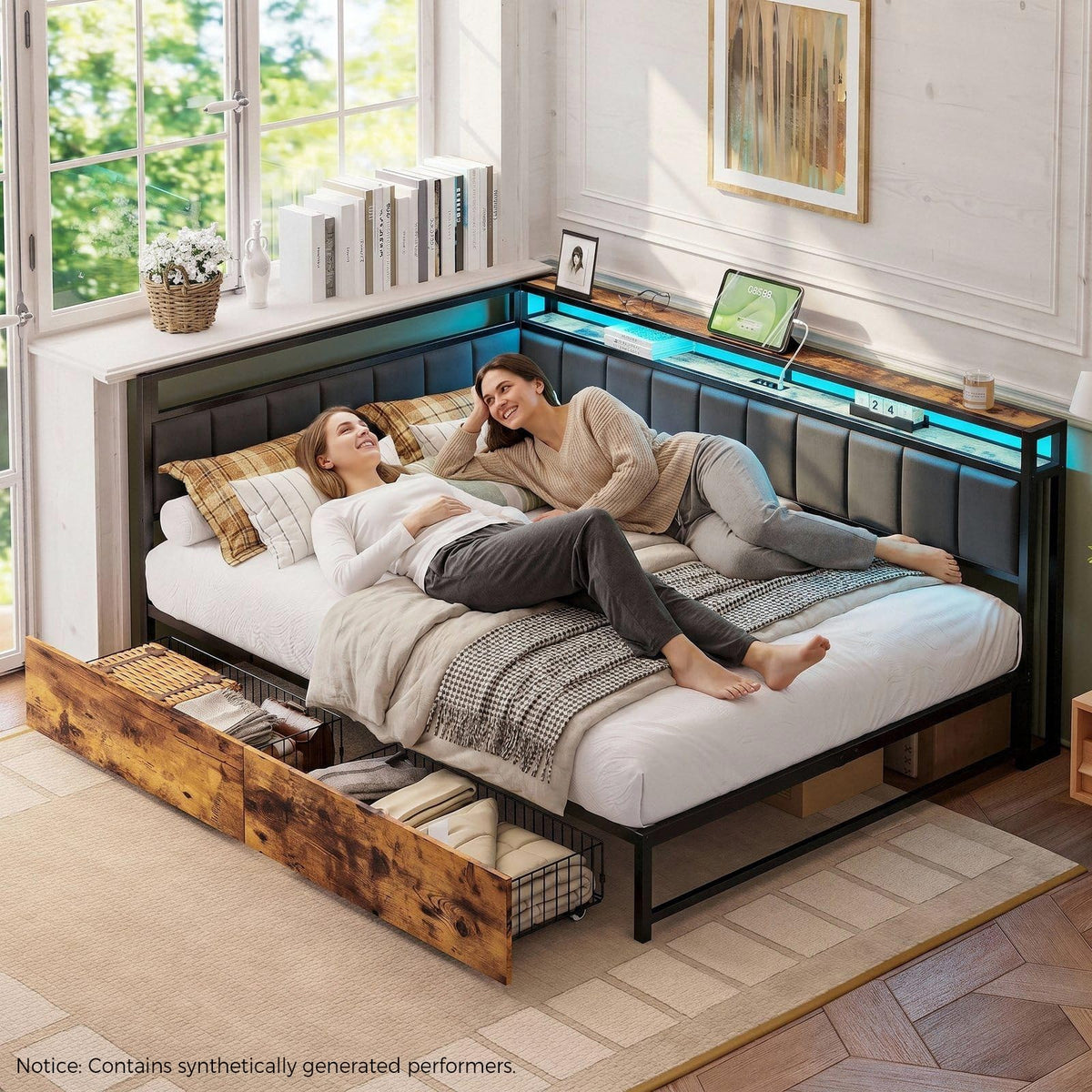 Full Corner Bed Frame with Storage Drawers, LED, Charging, Black T763