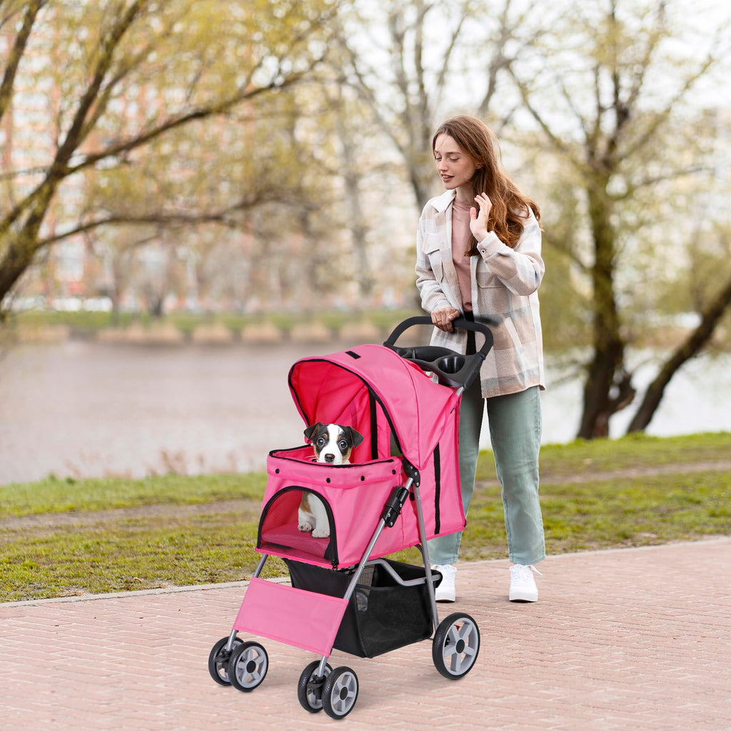 4 Wheels Folding Dog Stroller with Storage Basket, Pink L64406