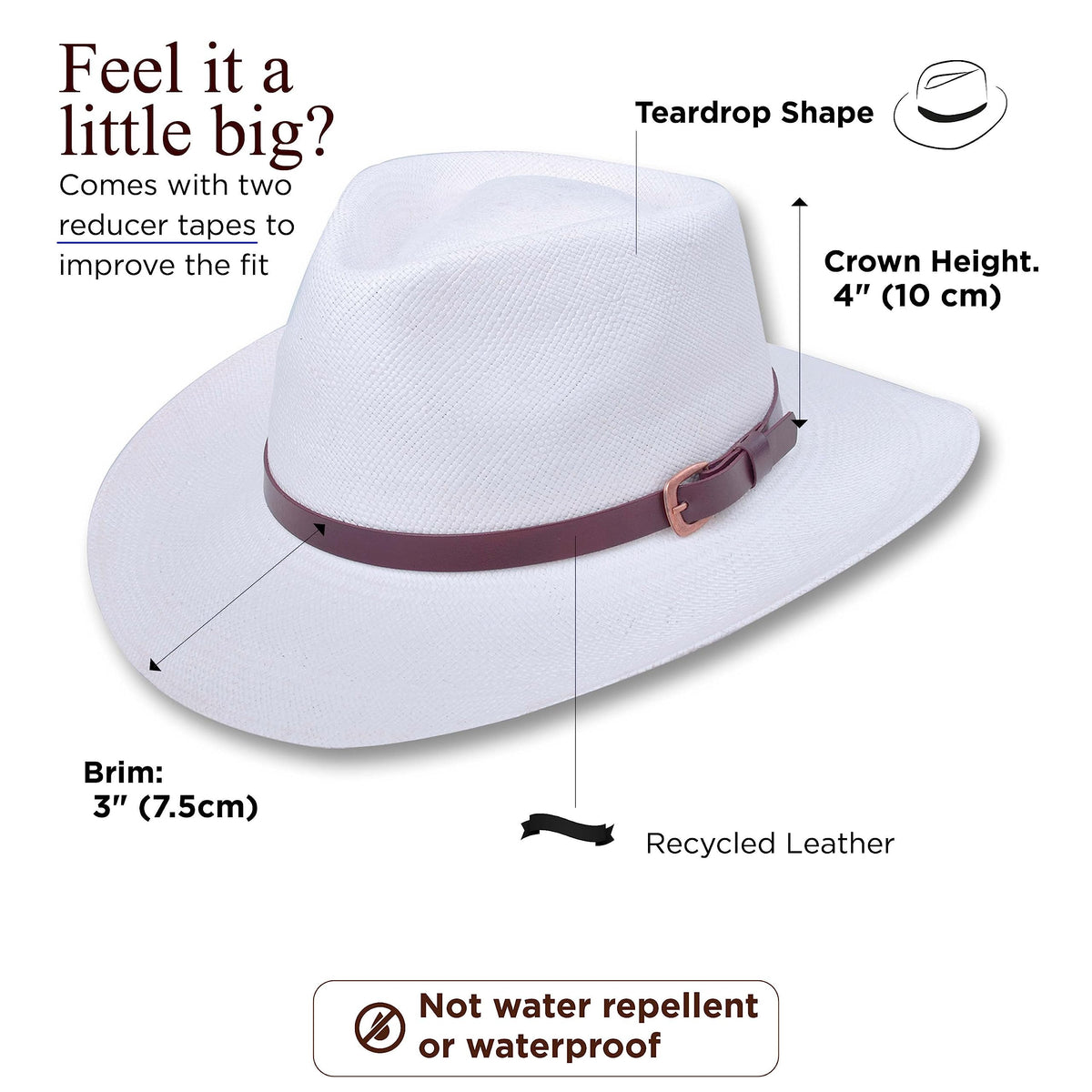 Panama Hat Teardrop Shape Recycled Leather Toquilla Straw U668