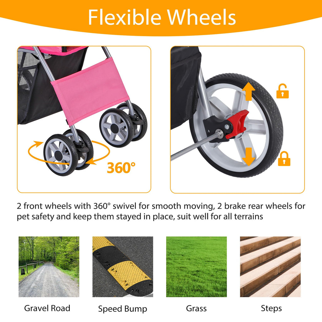 4 Wheels Folding Dog Stroller with Storage Basket, Pink L64406