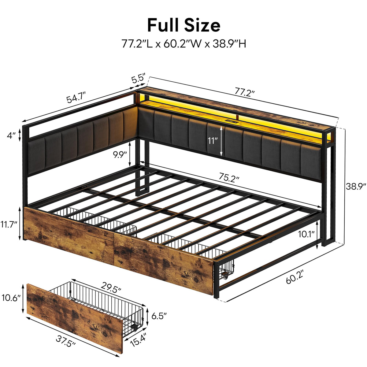 Full Corner Bed Frame with Storage Drawers, LED, Charging, Black T763