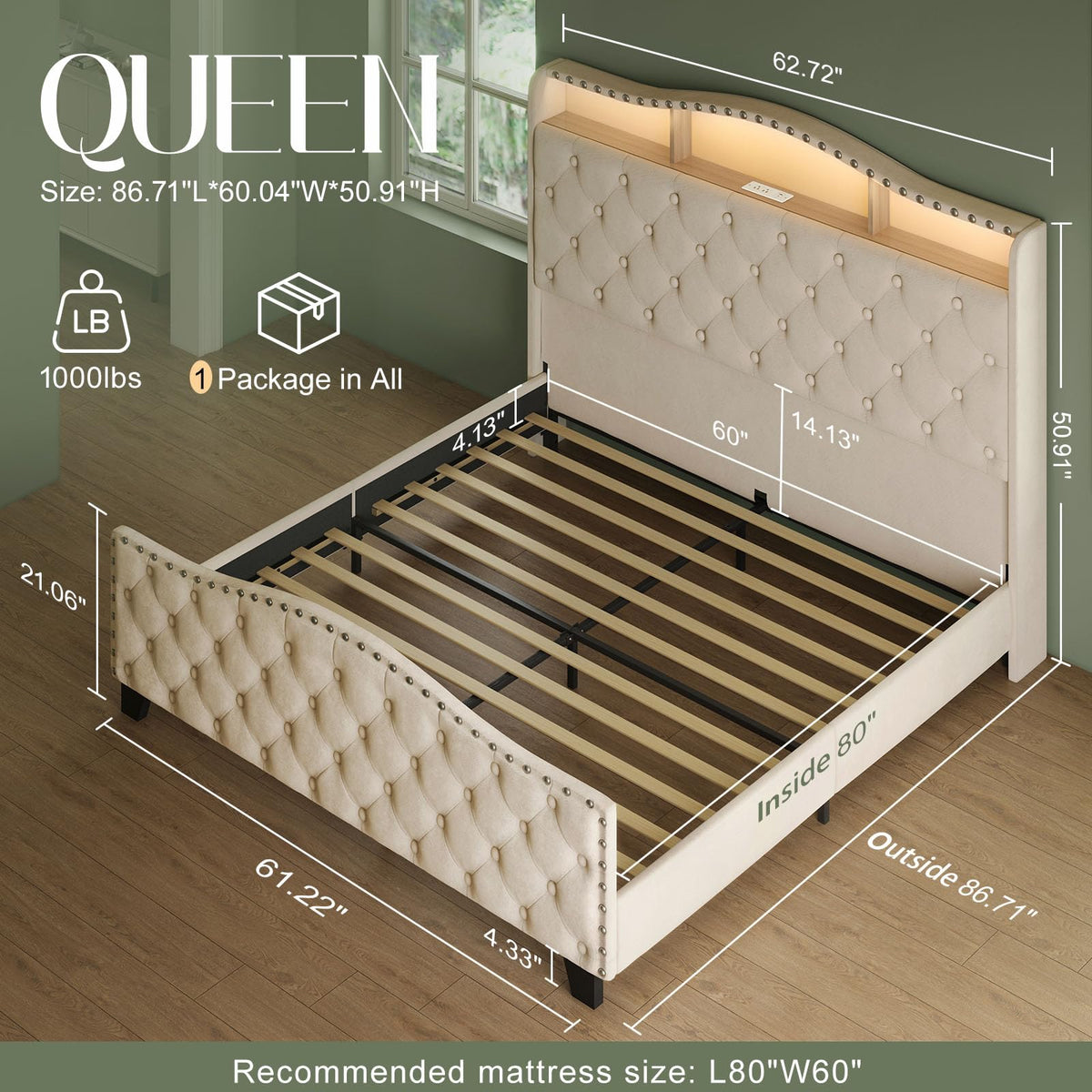 Queen Beige Platform Bed Frame with LED Headboard M9278