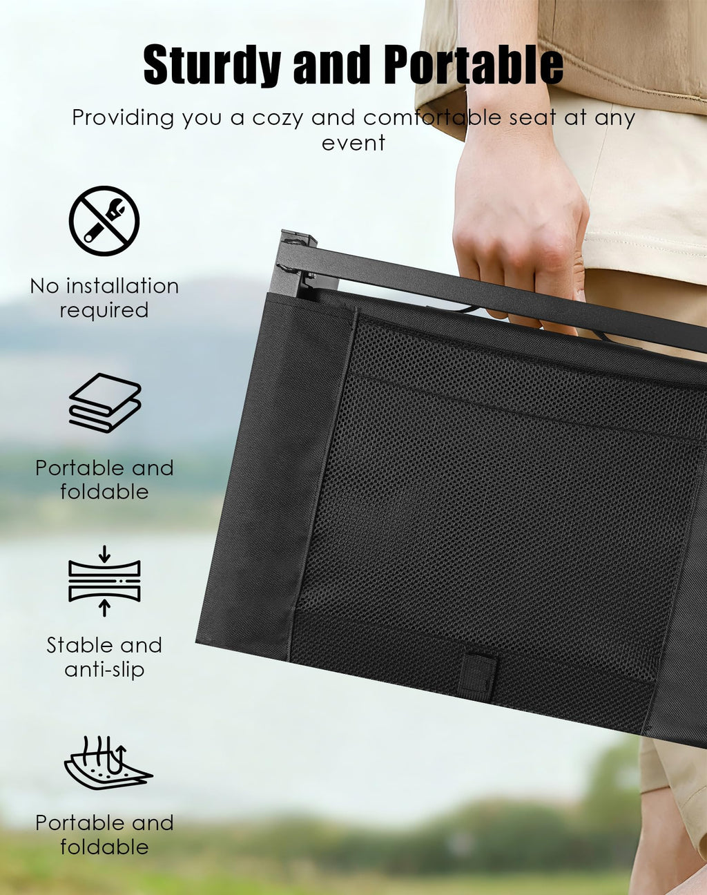Portable Folding Bleacher Seats with Back Support and Cushion, Black S11827
