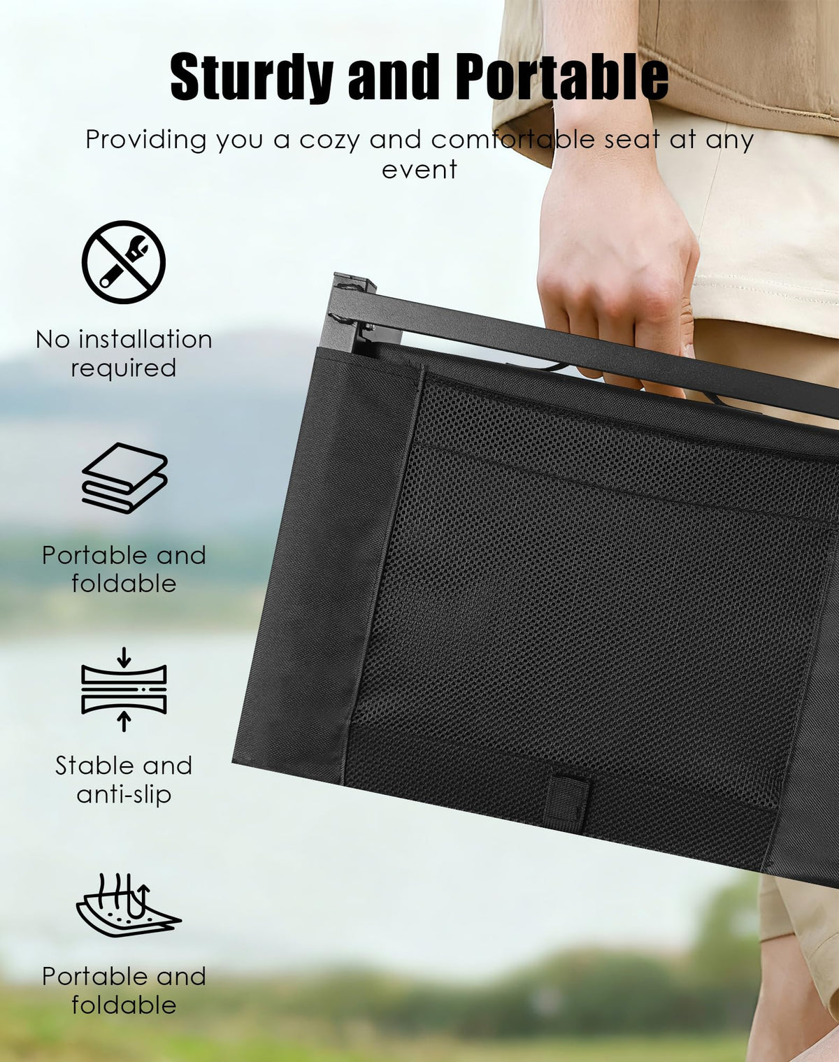 Portable Folding Bleacher Seats with Back Support and Cushion, Black S11827