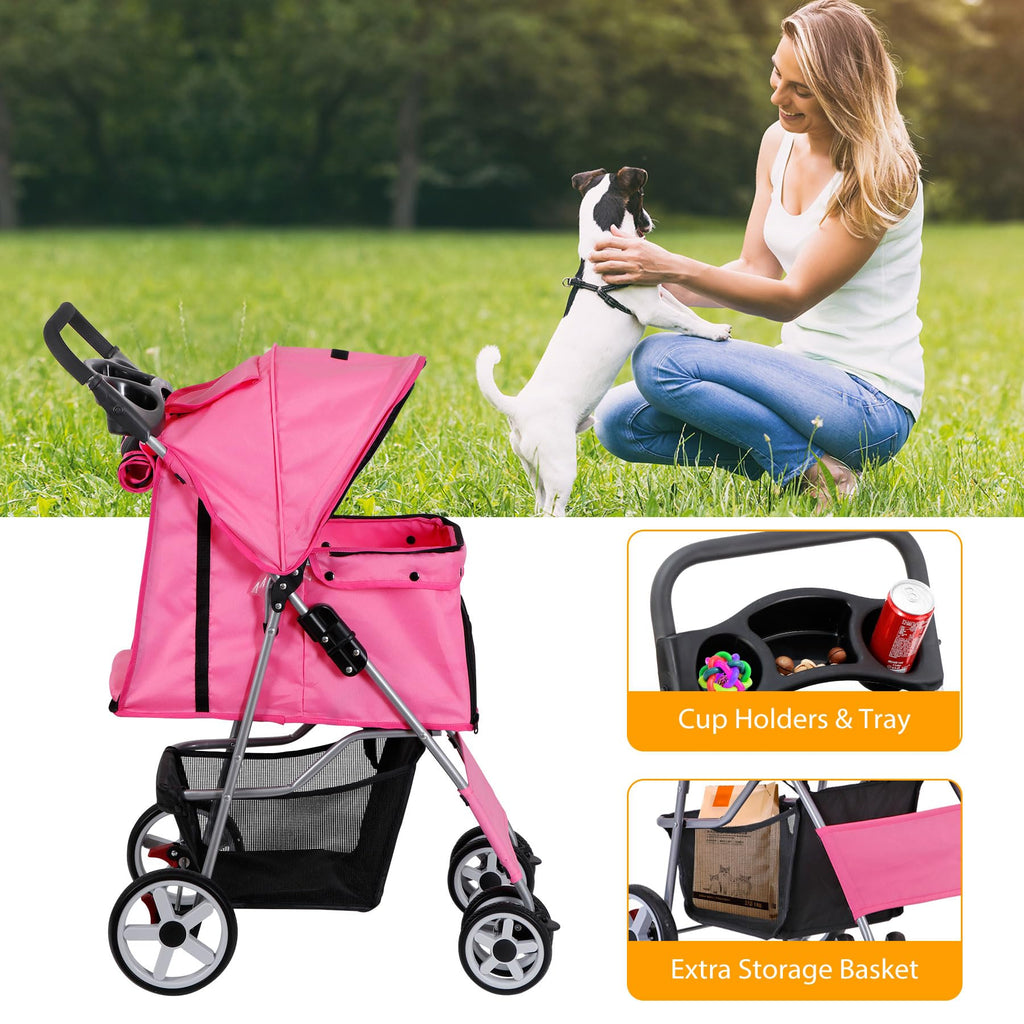 4 Wheels Folding Dog Stroller with Storage Basket, Pink L64406