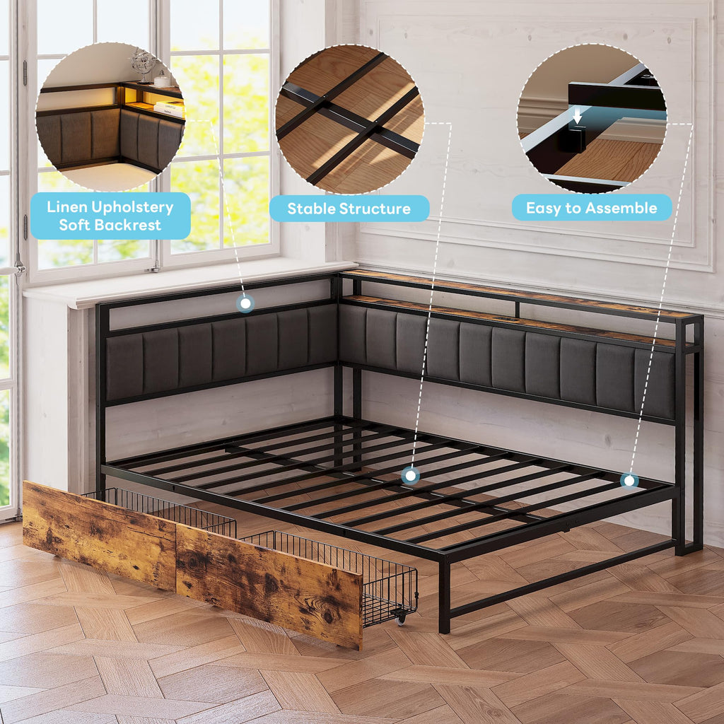 Full Corner Bed Frame with Storage Drawers, LED, Charging, Black T763