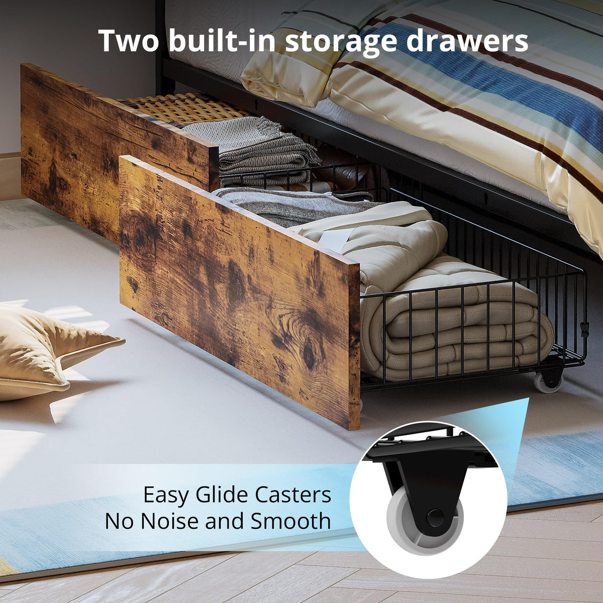 Full Corner Bed Frame with Storage Drawers, LED, Charging, Black T763