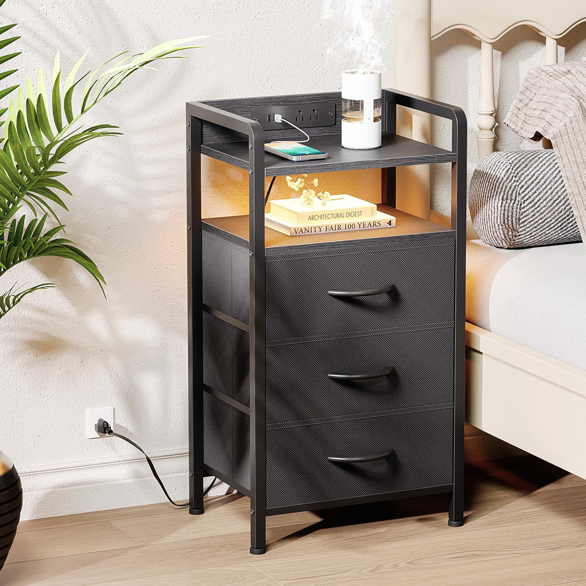 Black 3 Drawer Nightstand with Charging Station R45177