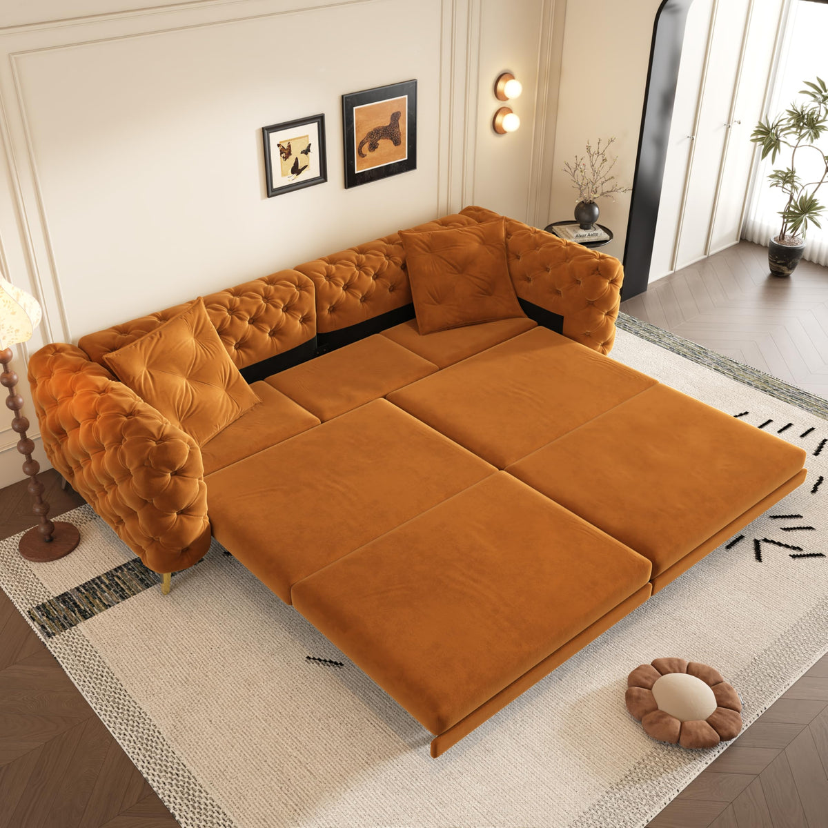 Orange Velvet Convertible Sleeper Sofa with Ottoman E513072
