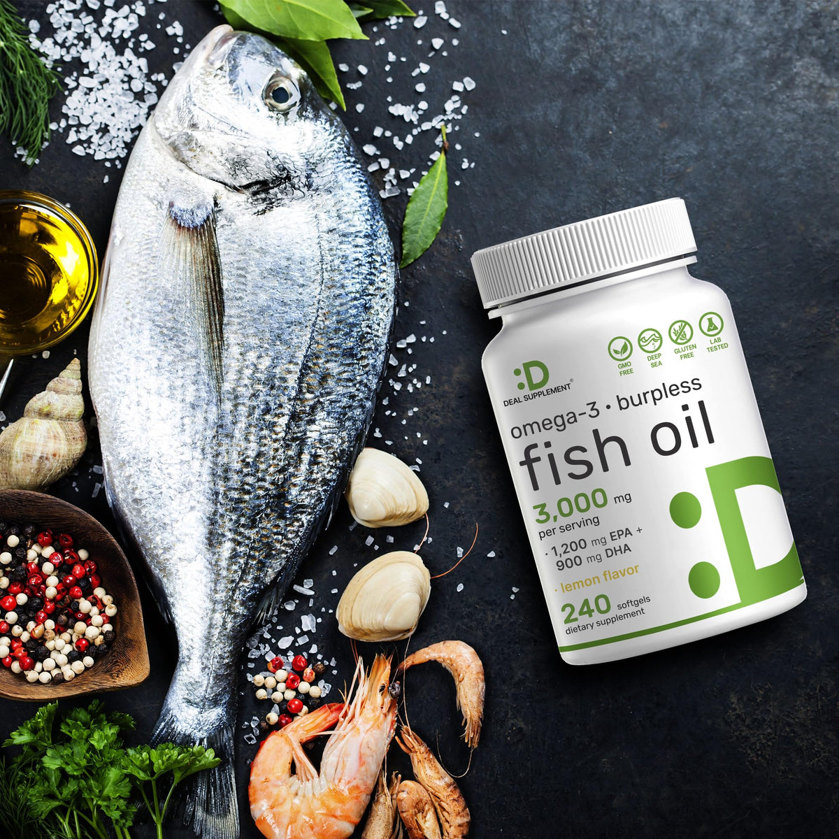 Omega 3 Fish Oil 3,000mg 240 Softgels EPA DHA Lemon Flavored R38270