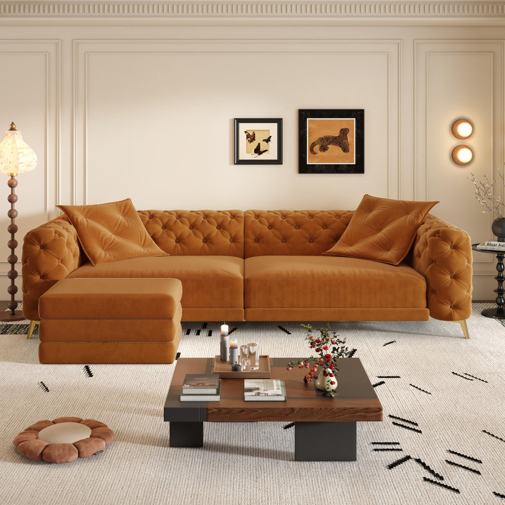 Orange Velvet Convertible Sleeper Sofa with Ottoman E513072