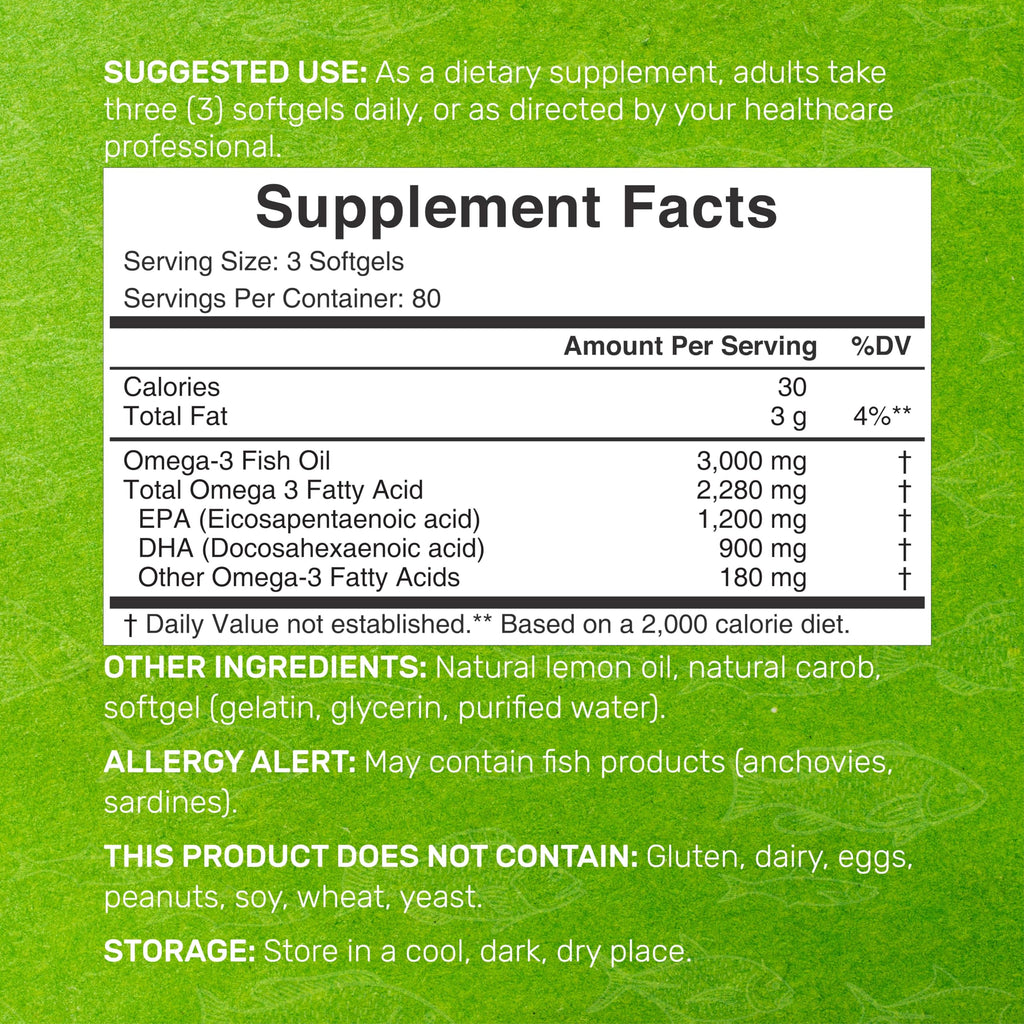 Omega 3 Fish Oil 3,000mg 240 Softgels EPA DHA Lemon Flavored R38270