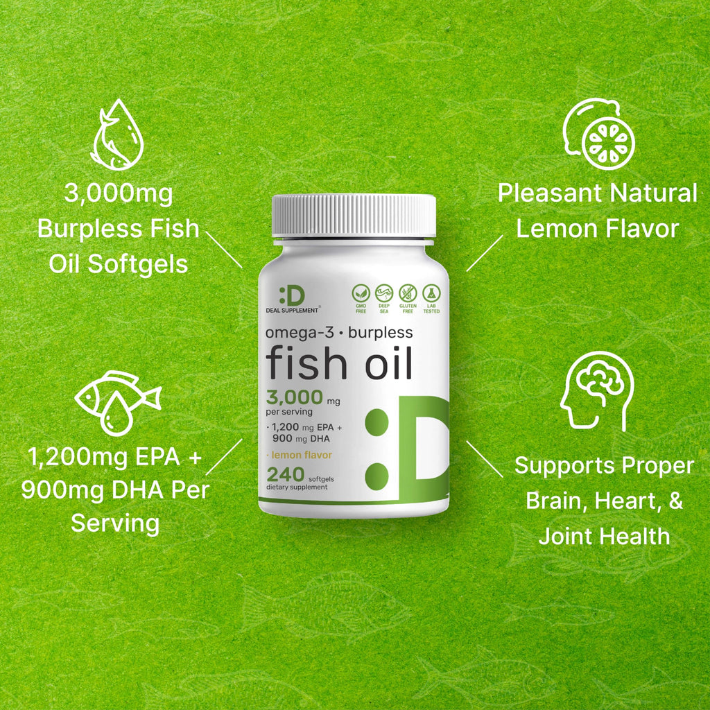 Omega 3 Fish Oil 3,000mg 240 Softgels EPA DHA Lemon Flavored R38270